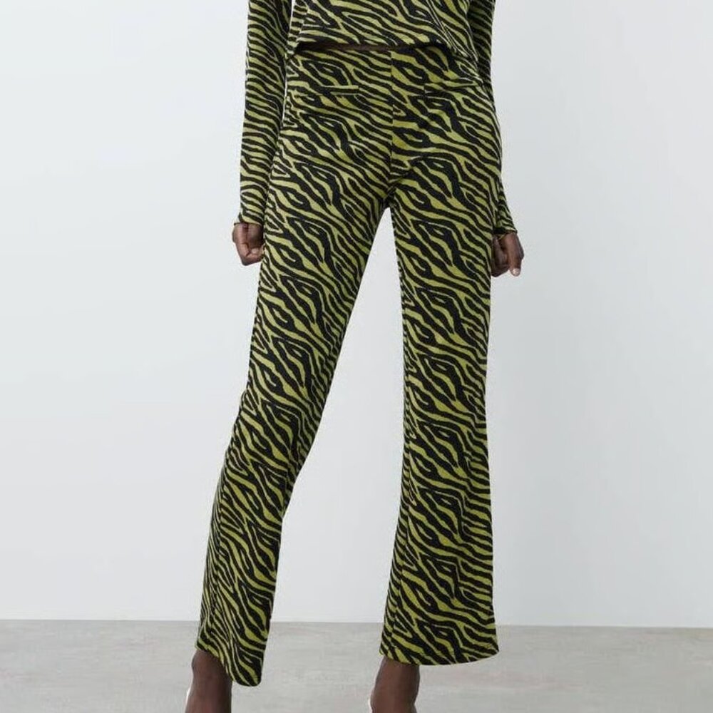Zara Knit Zebra Print Straight Leg Pants Medium Green Black